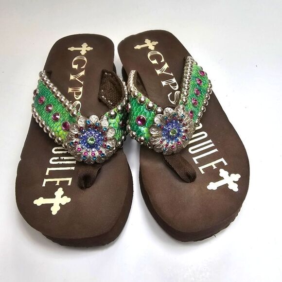 Gypsy Soule Bling Beaded Flower Snake Platform Western Flair Flip Flop Size 8.5 - Picture 3 of 9